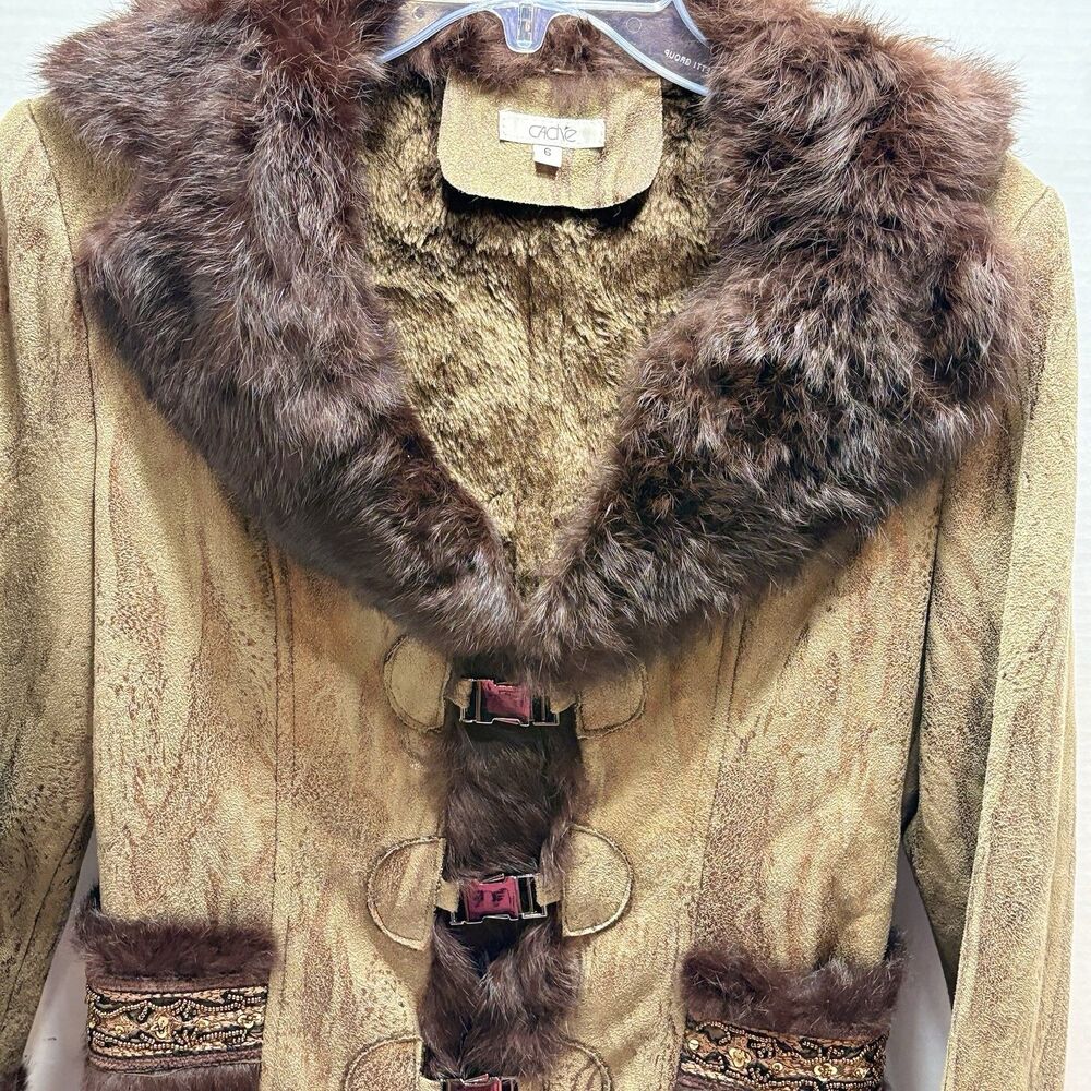 VTG Cache Penny Lane Suede Faux Fur Trim Boho Afghan Toggle Jacket Women’s 6 - Picture 2 of 15